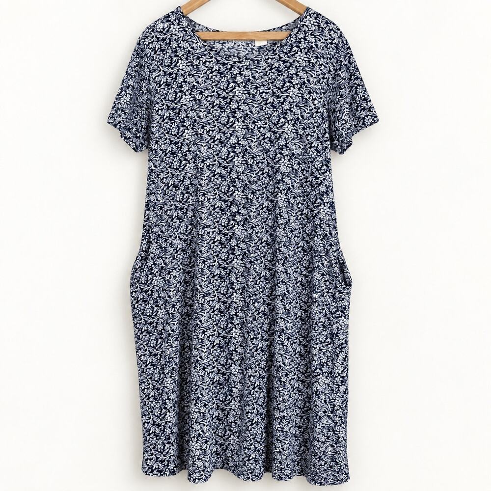La Cera Women’s Large Navy White Floral Cotton Midi Dress Short Sleeve Pockets